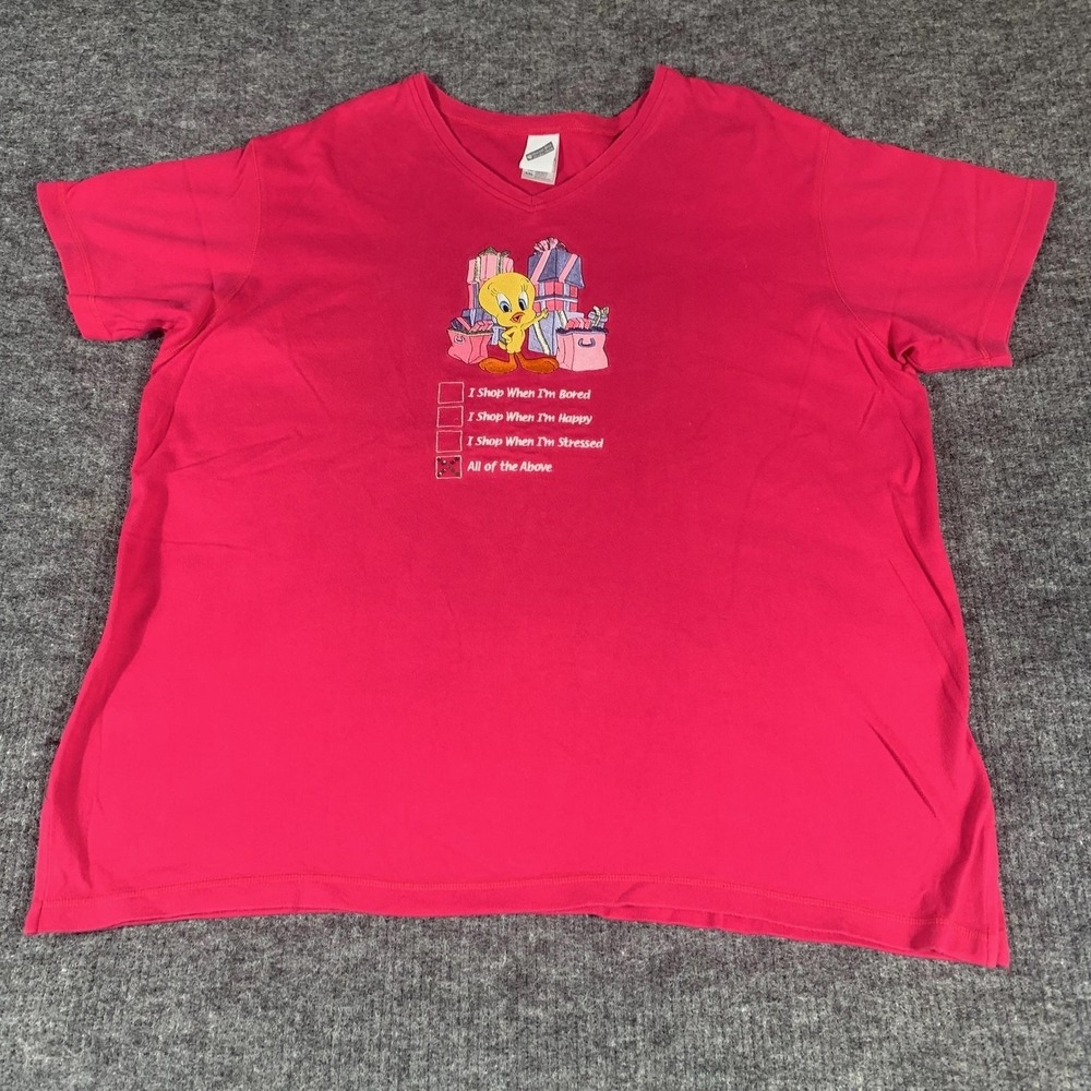 VTG Warner Bros T Shirt Top Womens XXL Pink V Neck Tweety Retro 90s Oversized